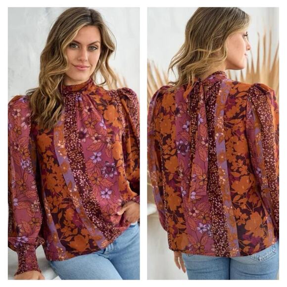 Avara Womens Patchwork Floral Long Balloon Sleeve Top Size S Orange Purple Fall - Picture 2 of 9